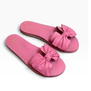 Frances Valentine Pink Leather Bow Slide Sandals Flat Open Toe Slides Womens